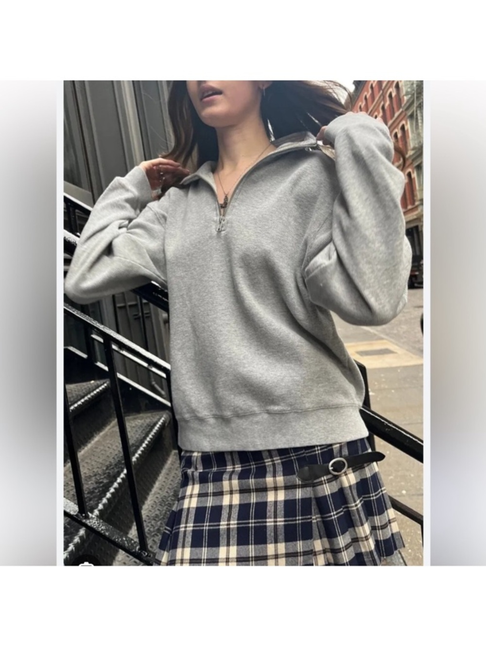 Brandy Melville Quarter Zip Pullover Gray Waffle Knit OS